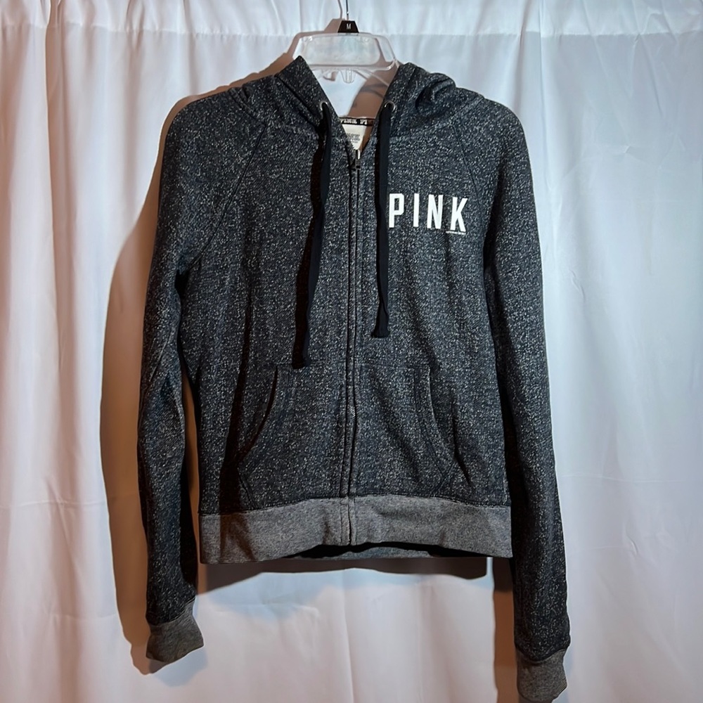Victorias Secret Pink Black Zipper Hooded Sweatshirt Good Condition Size Small